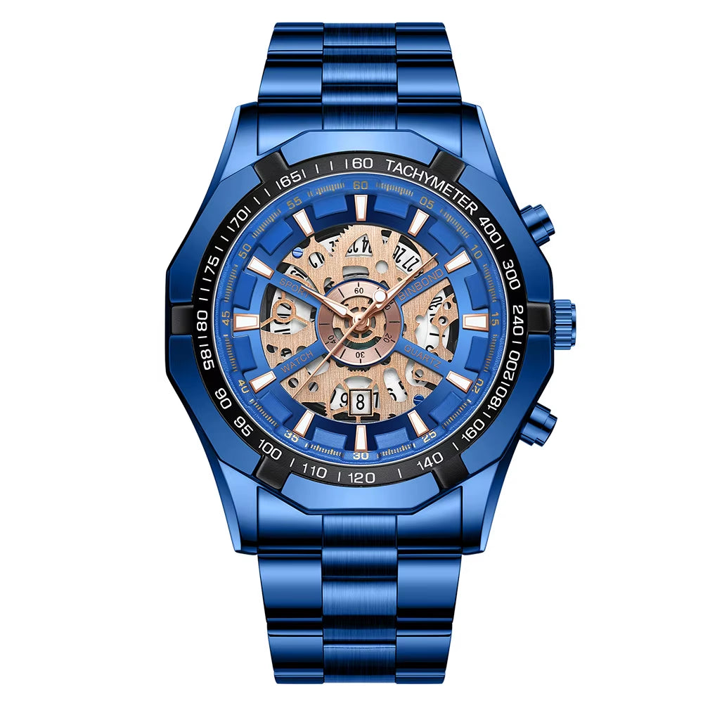 2024 Mens Watches Top Brand Luxury Stainless Steel Waterproof Hollow Out Blue Big Male Wristwatches Relogio Masculino