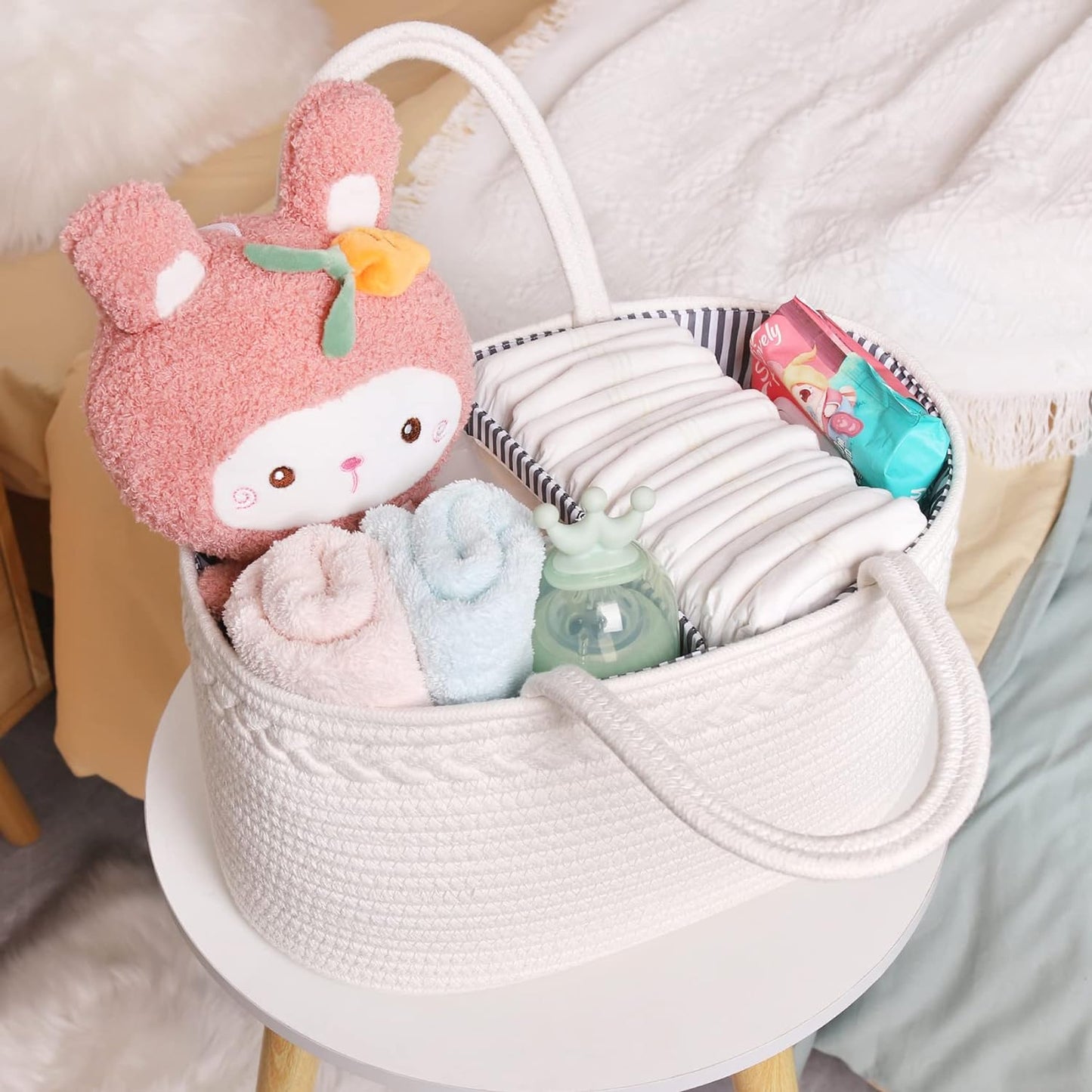 Baby Diaper Caddy, Nursery Storage Bin and Car Organizer for Diapers and Baby Wipes, Cotton Rope Diaper Basket Caddy, Changing Table Diaper Storage Caddy