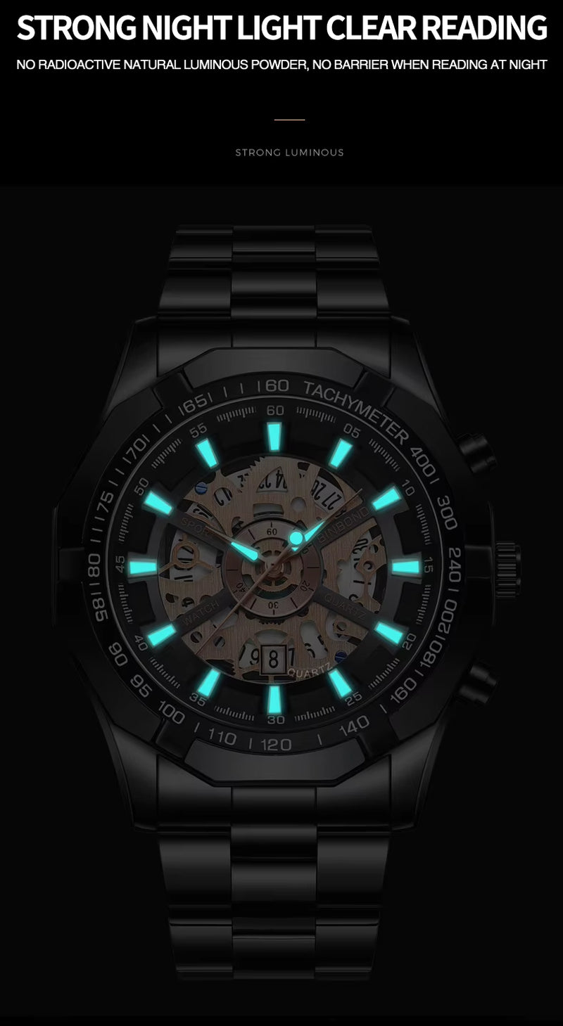 2024  Mens Watches Top Brand Luxury Stainless Steel Waterproof Hollow Out Blue Big Male Wristwatches Relogio Masculino